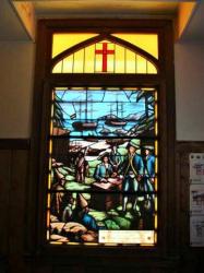 Church window illustrating Nootka Convention, BC